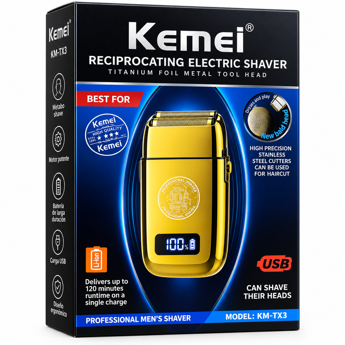 Rasuradora Kemei KM-TX3 Doble Lámina – Dorada 8000RPM